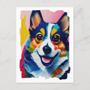 Carte Postale Portrait de chien coloré - Peinture de corgi