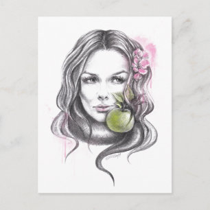 Carte Postale Portrait de femme avec pomme et fleur Art Surreal