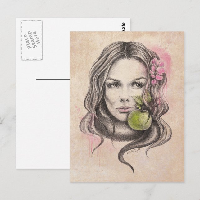 Carte Postale Portrait de femme avec pomme et fleur Art Surreal (Devant / Derrière)