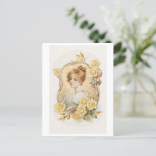 Carte Postale Portrait de femme encadré de roses jaunes