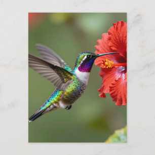 Carte Postale Portrait de fleur d'hibiscus au colibri iridescent