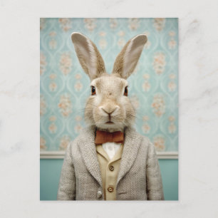 Carte Postale Portrait de Lapin Élégant de Style Vintage