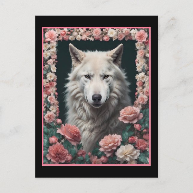 Carte Postale Portrait de loup avec des fleurs (Devant)