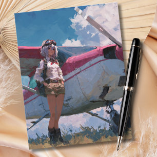 Carte Postale Portrait de pilote féminine Fun Kawaii Aviation An