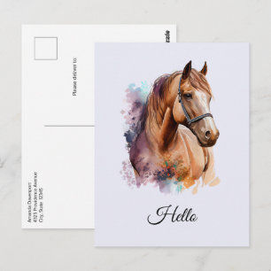 Carte Postale Portrait de tête de cheval brun à l'aquarelle