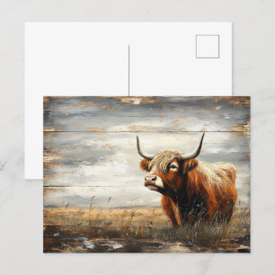 Carte Postale Portrait de vache de Highland sur bois Patiné