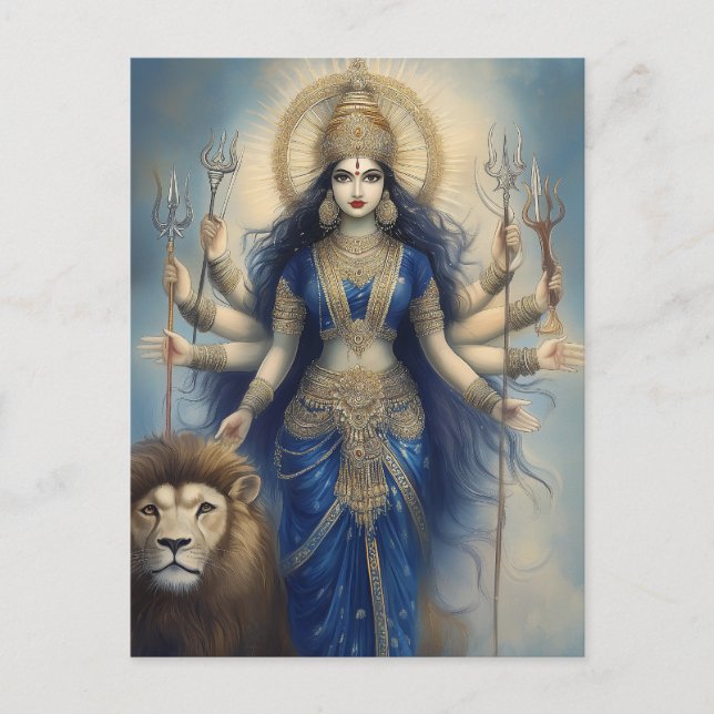 Carte Postale Portrait divin hindou de la déesse Durga avec lion (Devant)