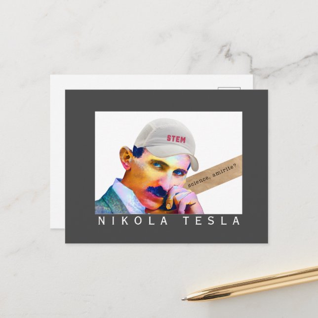 Carte Postale Portrait drôle de Tesla   (Devant/Arrière en situation)