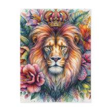 Portrait du lion portant de l'aquarelle florale de