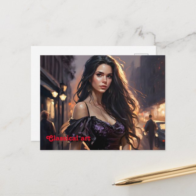 Carte Postale Portrait femme élégante mode art tendance (Devant/Arrière en situation)