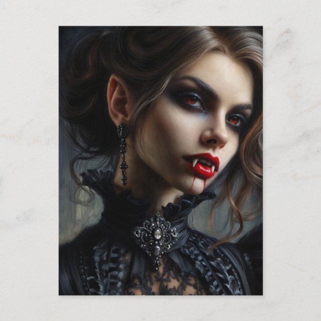 Carte Postale Portrait gothique de femme vampire avec crocs (Devant)