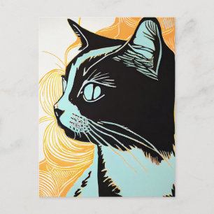 Carte Postale Portrait Linocut d'un chat dans le profil