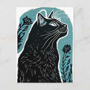 Carte Postale Portrait Linocut d'un chat dans le profil