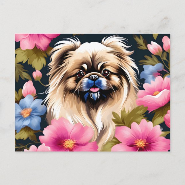 Carte Postale Portrait Pekingese Et Fleurs (Devant)
