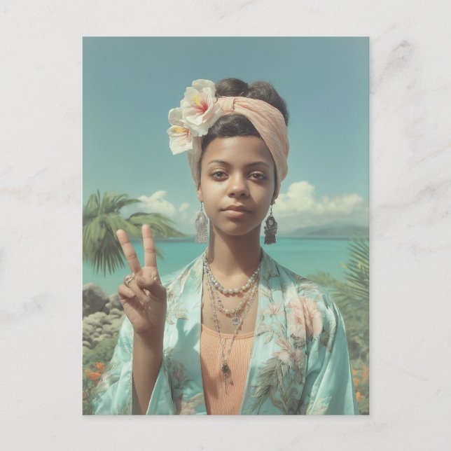 Carte Postale Portrait Tropical avec Geste de Signe de Paix (Devant)