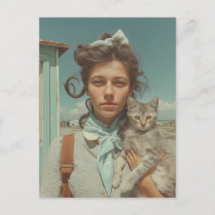 Carte Postale Portrait Vintage d'une Fille Tenant un Chaton