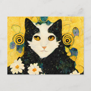 Carte Postale Porträt einer Katze mit Blüten. Jugendstil.
