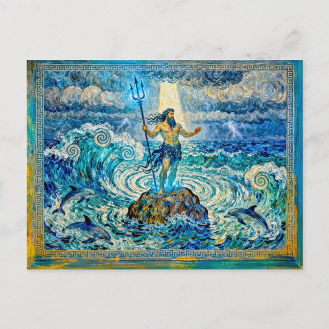 Carte Postale Poséidon sur des rochers marins avec trident et da (Devant)