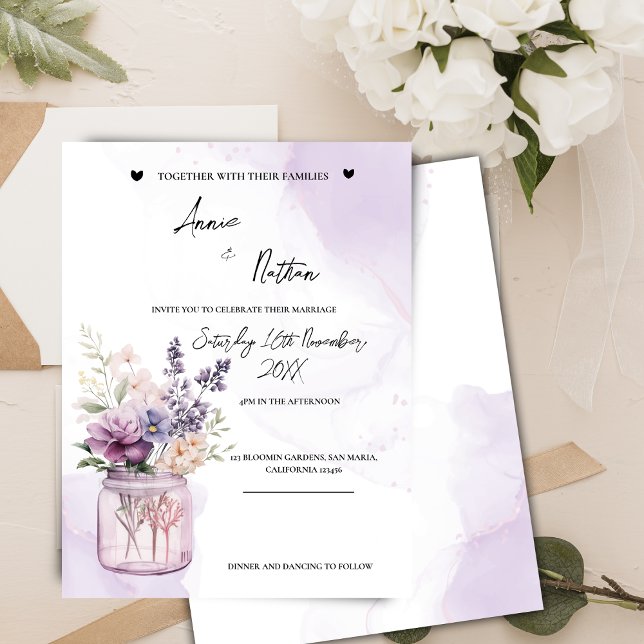 Carte Postale Poser Des Fleurs Violettes Dans Mason Jar Mariage  (Peach Purple Flowers In Mason Jar Wedding Invitation)