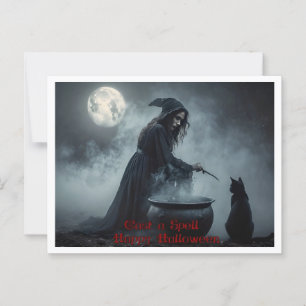 Carte Postale Poser un sort, sorcière, chat noir, Halloween de C