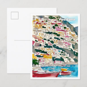 Carte Postale Positano Italie Art Vintage Illustration Voyage