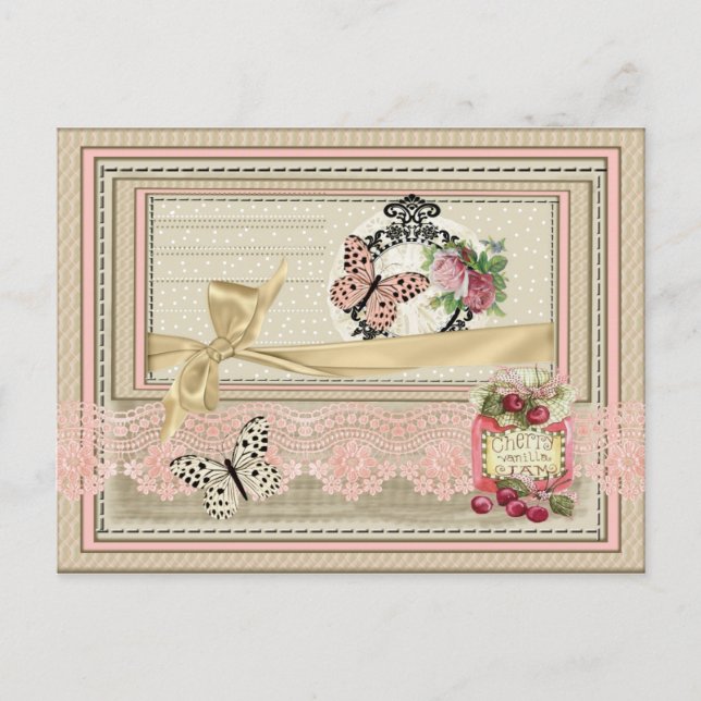 Carte Postale Postal estilo scrapbooking encaje mariposa cerezas (Devant)