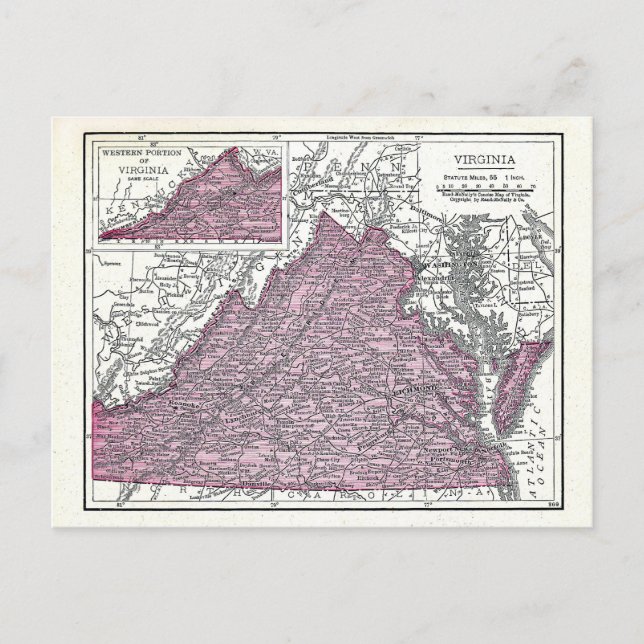 Carte Postale Postcard:  Map of Virginia, 1921 (Devant)