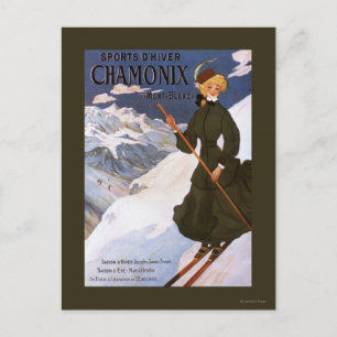 Carte Postale Poster d'une femme en ski vert
