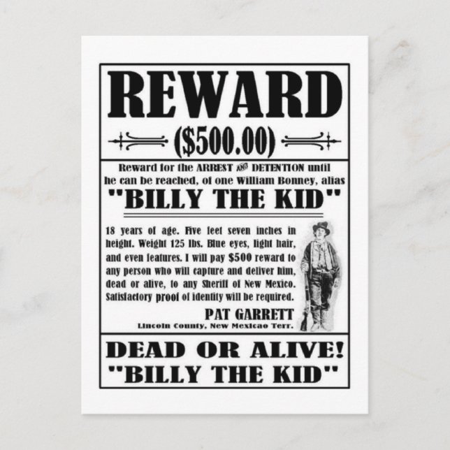 Carte Postale Poster Recherché vintage Billy the Kid (Devant)