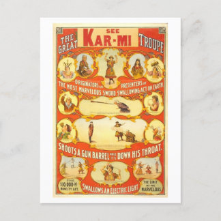 Carte Postale Poster vintage des actes de cirque de troupe Kar-M