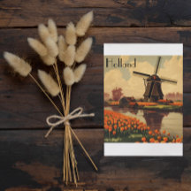 Poster Vintage voyage de Hollande, tulipes et moul
