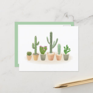 Carte Postale Pot à cactus à l'aquarelle Rangée de cactus mignon