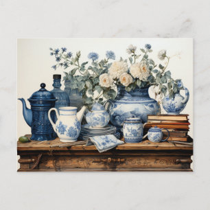 Carte Postale Pot à café bleu blanc Crème Sucre Pot en verre