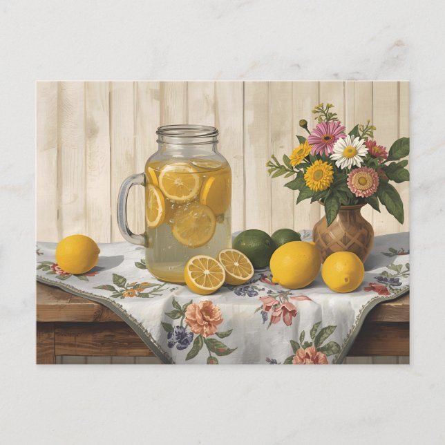 Carte Postale Pot de limonade de style campagnard, citrons frais (Devant)