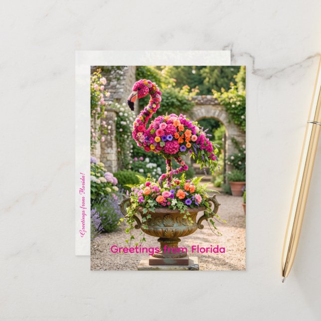 Carte Postale Pot de topiaire de flamant rose et fleurs tropical (Devant/Arrière en situation)