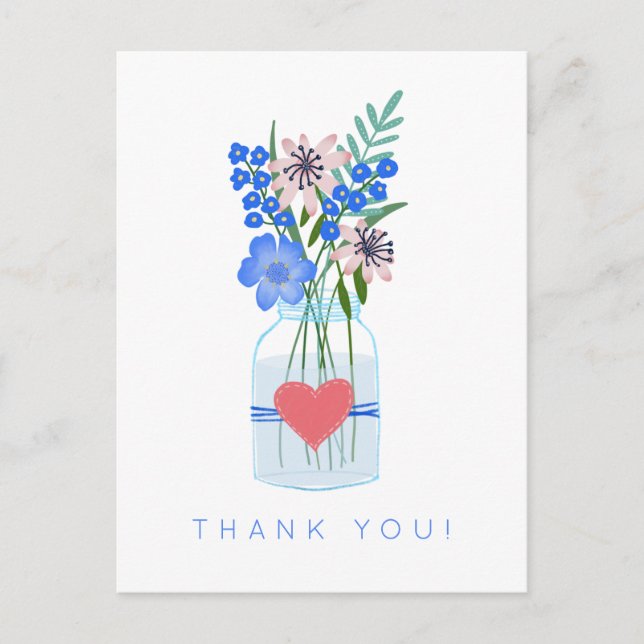 Carte Postale Pot Mason en fleurs rustique Cœur d'amour Merci (Devant)