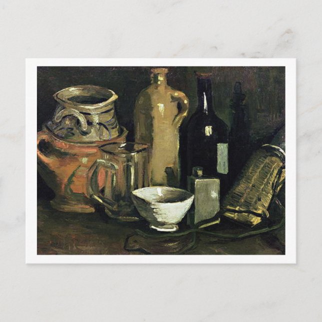 Carte Postale Poterie, Verre de bière & Bouteille Van Gogh Art (Devant)