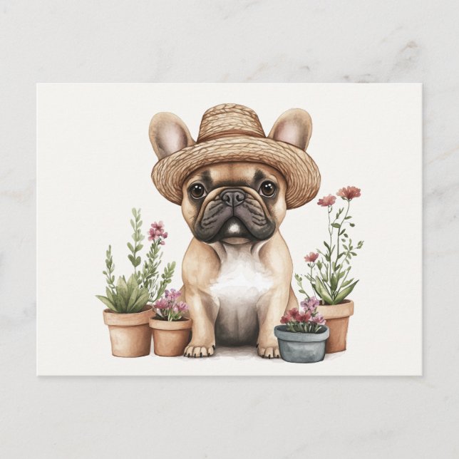 Carte Postale Pots de fleurs de jardinage de Bulldog (Devant)