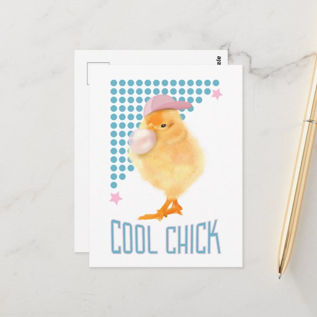 Carte Postale Poule qui souffle du bubble gum rétro - Fille cool (Devant/Arrière en situation)