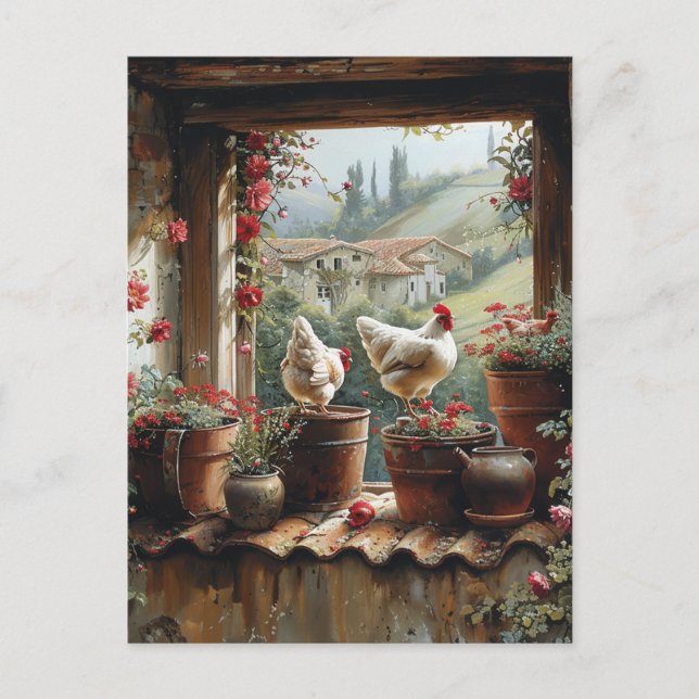 Carte Postale Poules Seau Rouillé Pots En Terre Cuite Tuiles Cam (Devant)