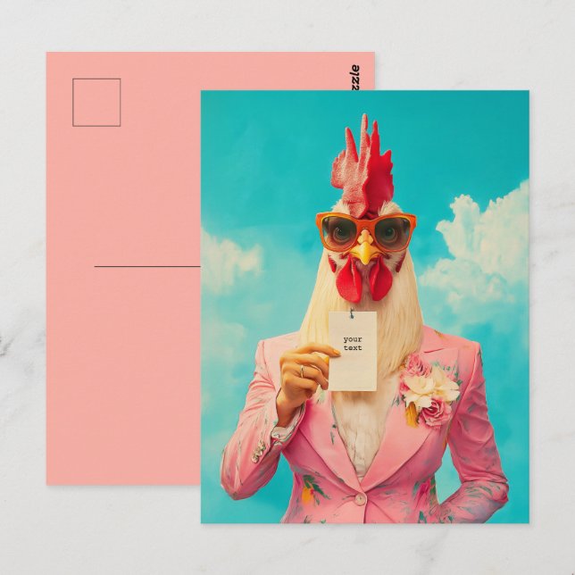 Carte Postale Poulet Chic en Costume Rose (Devant / Derrière)