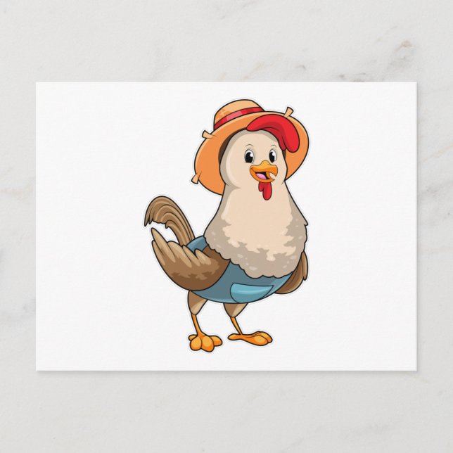 Carte Postale Poulet en fermier avec chapeau (Devant)