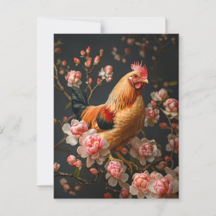 Carte Postale Poulet entouré de fleurs roses