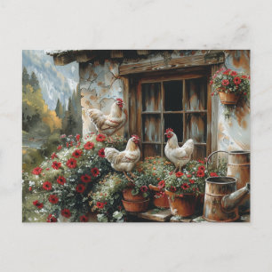Carte Postale Poulets blancs sur pots d'argile à fleurs rouges d