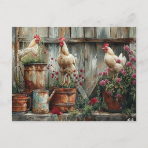 Carte Postale Poulets Rustique Arrosoir Seau en Étain Fleurs 