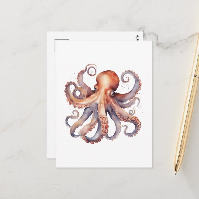Carte Postale Poulpe à l'aquarelle (Devant/Arrière en situation)