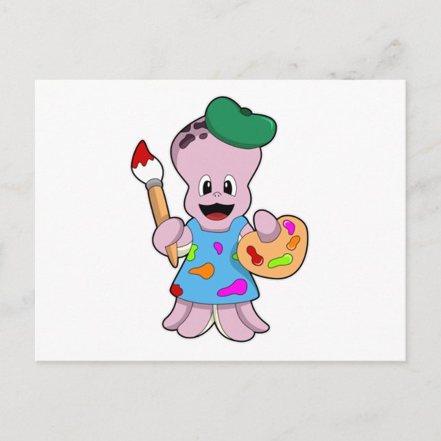 Carte Postale Poulpe en Peintre avec Pinceau (Devant)