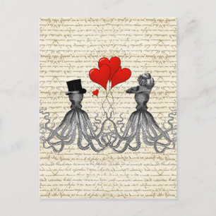 Carte Postale poulpe vintage et coeurs