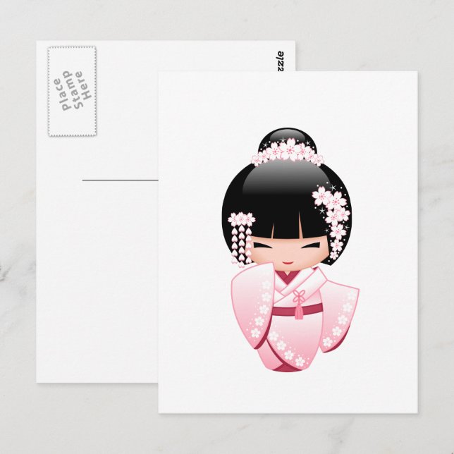 Carte Postale Poupée blanche Kimono Kokeshi - mignonne Geisha Gi (Devant / Derrière)