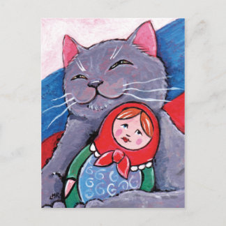 Carte Postale Poupée Bleue Russe et Babushka | Art Patriotique C